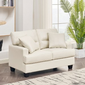 Faux Leather Loveseat Sofa with 2 Throw Pillows, Tufted Loveseat with Wooden Legs, Morden Sofa Suitable for Living Room, Office - Morden Fort - 1 of 4