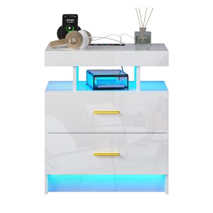Fredees LED Nightstand with USB & Wireless Charging, Auto Sensor RGB Lights, 2 Drawers, Contemporary White Bedside Table for Bedroom Furniture - 1 of 4