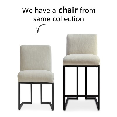 Beige Upholstered Counter Stools with Black Metal Sled Legs, Set of 2