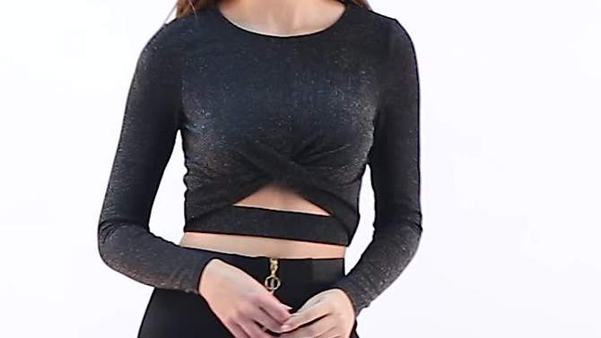 Allegra K Women's Glitter Long Sleeve Cut Out Twist Front Slim Fitted Crop Top, 2 of 7, play video
