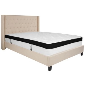 Emma and Oliver Queen Accent Extended Panel Platform Bed/Memory Foam Mattress-Beige Fabric - 1 of 4