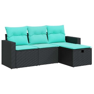 vidaXL 4-Piece Patio Sofa Set - Black Poly Rattan Seating with Blue Cushions/Storage for Garden/Terrace - 1 of 4