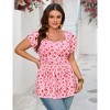 Plus Size Square Neck Shirts for Women Cap Sleeve Waist Ribbon Printed Top Blouses - 2 of 4