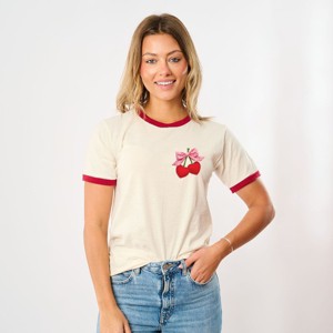 Cherry Hearts Pink Bow Patchwork Print - Women's Ringer Graphic T-Shirt - 1 of 4