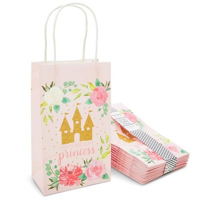 Blue Panda 24 Pack Pink Princess Castle Birthday Paper Gift Bags with Handles for Party Favors and Gift Wrapping