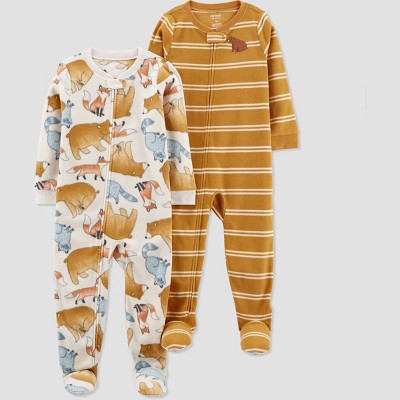 Image of Carter's Just One You®️ Toddler Boys' 2pk Bear Fox and Striped Fleece Footed Pajama - Gold 2T