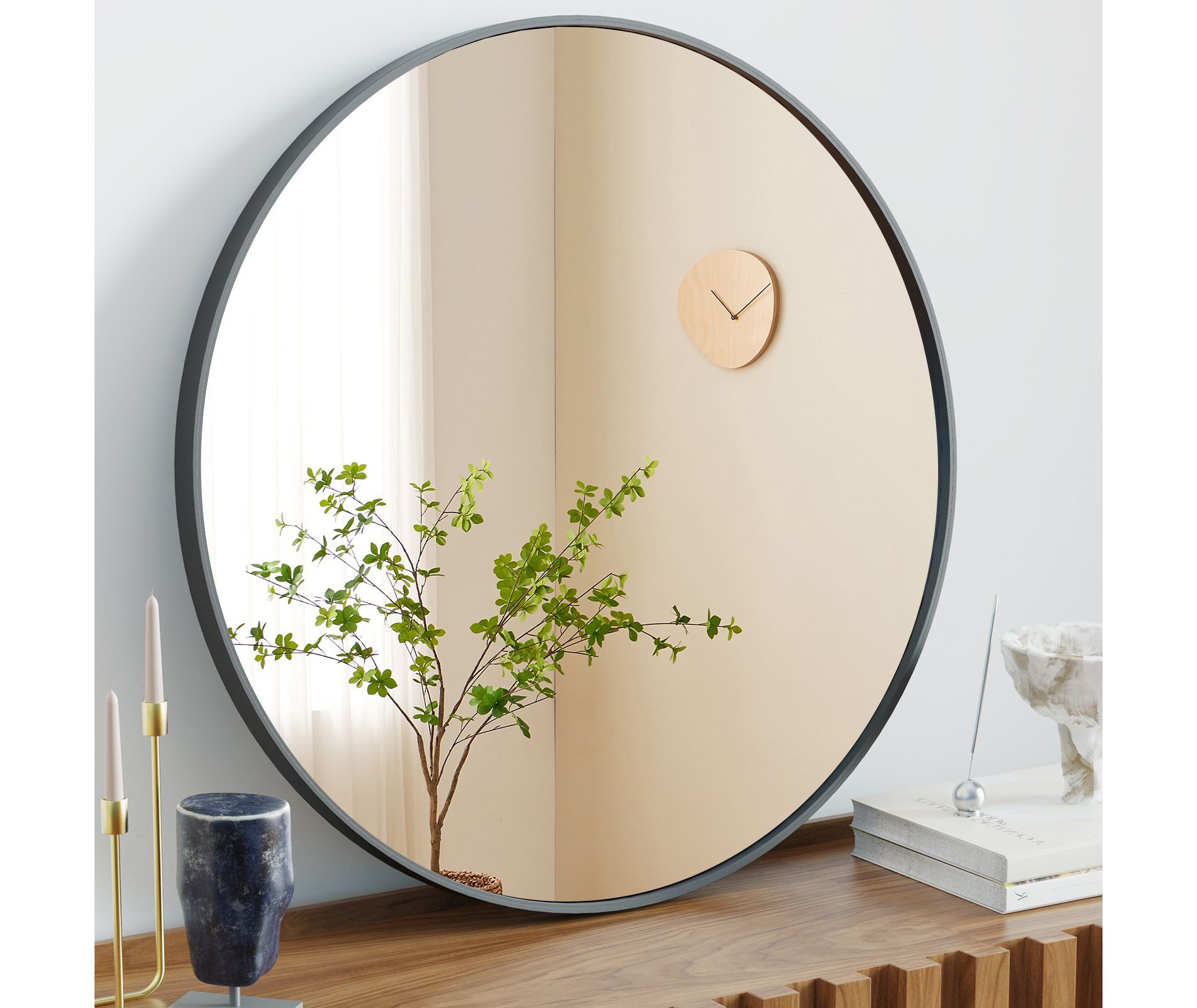 GlasFlength Decorative Wall Mirrors Round Mirror Wall Mounted Circle Mirrors Vanity Mirror for Bathroom, Living Room, Bedroom, Black 24"*24"