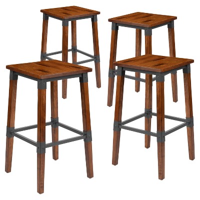 Flash Furniture 4 Pack Rustic Antique Walnut Industrial Wood Dining Backless Barstool