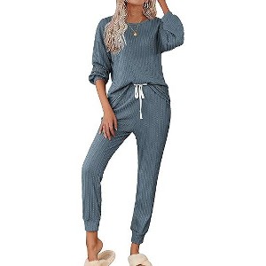 Ekouaer Womens Pajamas Set Ribbed Knit Long Sleeve Pullover Top Jogger Pants Set 2 Piece Lounge Set Sleepwear Tracksuit - 1 of 4
