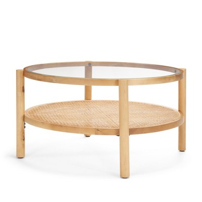 HomeRoots 34" Clear and Natural Glass and Solid Wood Round Coffee Table With Shelf
