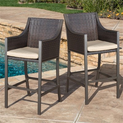 SKRAN Outdoor Wicker Bar Stools,Barstool Set with back and sides, Barstool with iron and aluminum Set of 2 for Patio, Garden, Outdoor(Multi Brown)