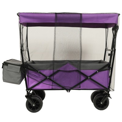 YONWAY Collapsible Wagon with Canopy & Mosquito net,Foldable Wagon Utility Outdoor Cart,480Lbs Weight Capacity for Camping,Shopping Use,Purple
