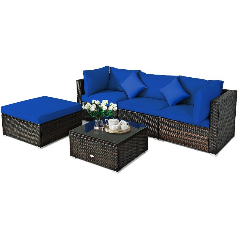 Costway 5PCS Outdoor Patio Rattan Furniture Set Sectional Conversation Turquoise\Navy\Black Cushion, 2 of 11