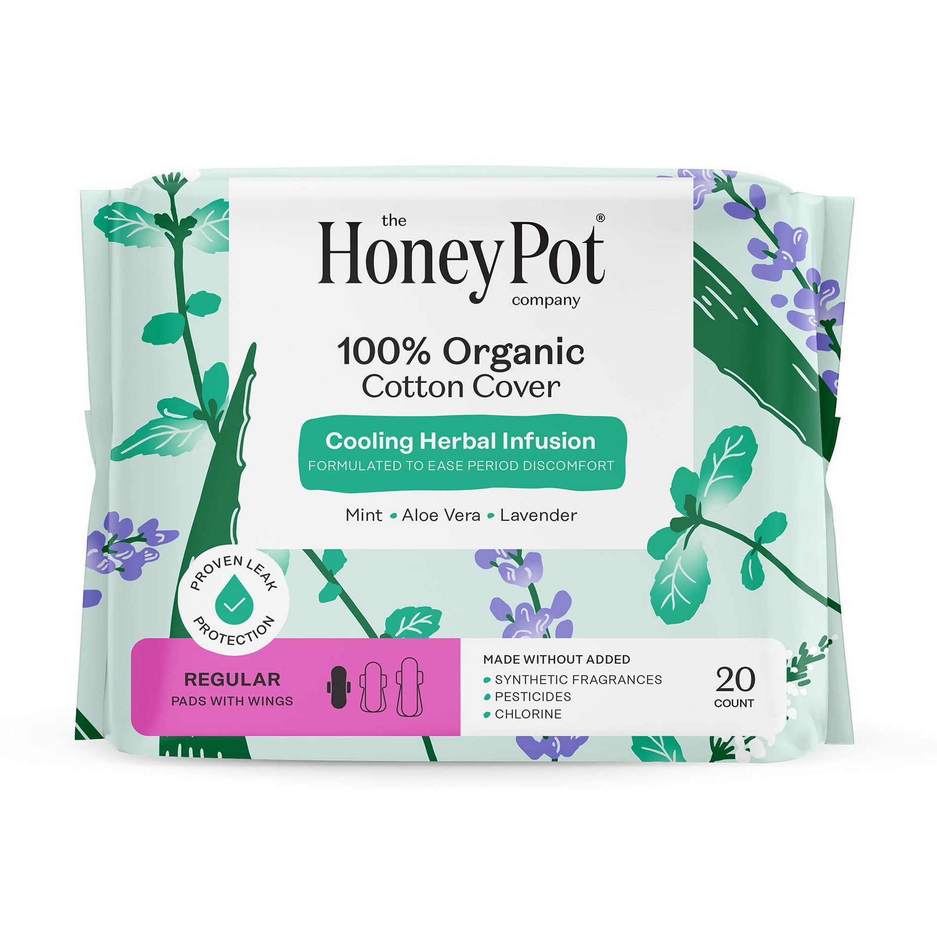 Honey Pot 100% Organic Cotton Cover Cooling Herbal Infusion Regular Pads - 20 ct