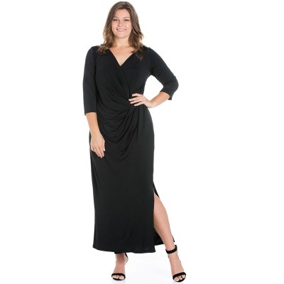 24seven Comfort Apparel Womens Long Sleeve Side Slit Fitted Black Maxi  Dress-grey-1x : Target