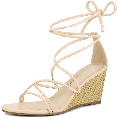 Allegra K Women's Open Toe Lace Up Strappy Bow Back Low Wedges Sandals