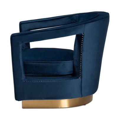 Neville Navy Blue Velvet Barrel Accent Chair with Gold Base