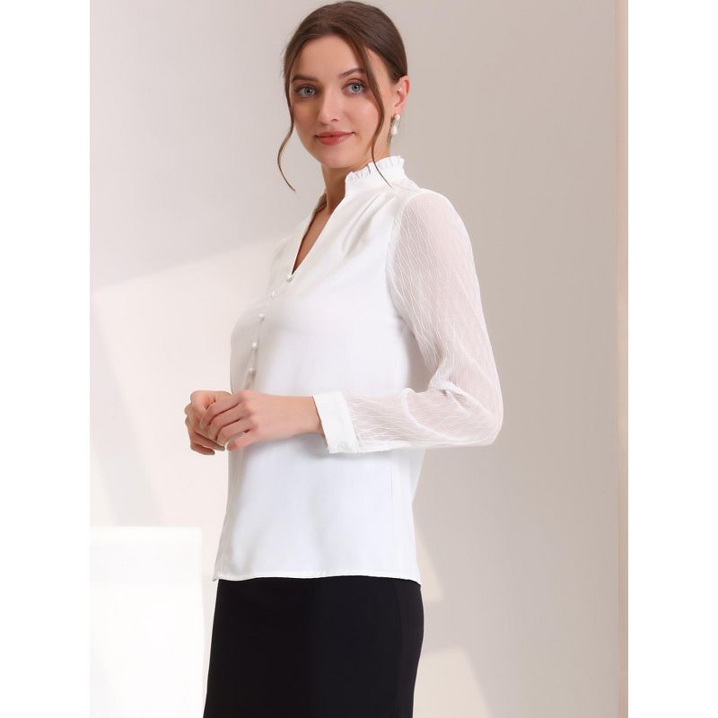 Allegra K Women's Business Ruffle V Neck Button Decor Sheer Long Sleeve Work Shirt, 3 of 6