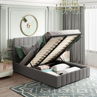 UPHA 78 x 58 in. Beige Upholstered Platform bed with a Hydraulic Storage System