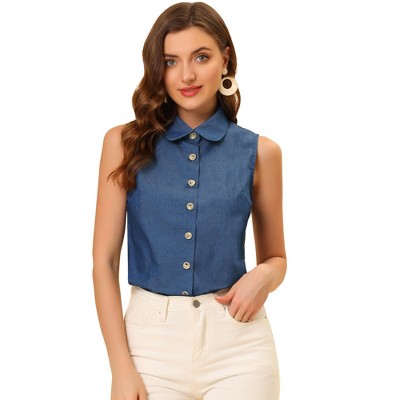 INSPIRE CHIC Women's Casual Sleeveless Button Down Peter Pan Collar Chambray Shirt