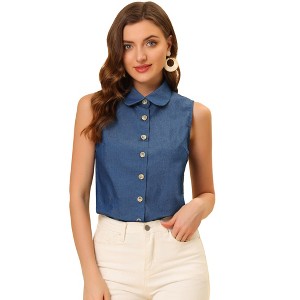 INSPIRE CHIC Women's Casual Sleeveless Button Down Peter Pan Collar Chambray Shirt - 1 of 4