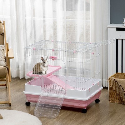 2 Level Indoor Rabbit Cage with Wheels,32'' Small Animal Hutch for Bunny,Chinchilla,Guinea Pig,Removable Tray And Ramp-LAOTIES