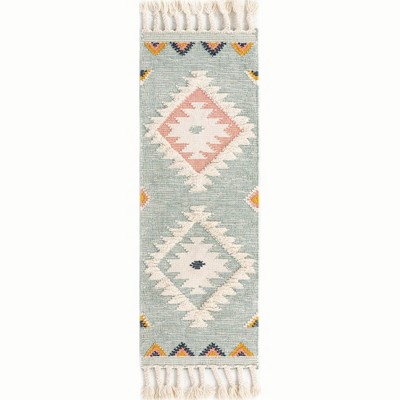 Handmade Light Aqua Wool Geometric Runner Rug