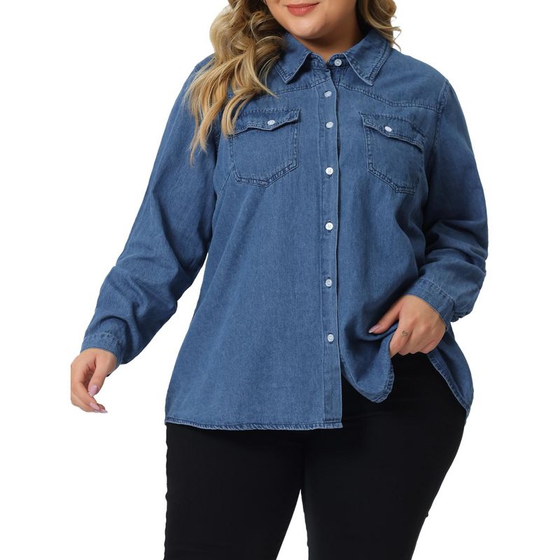 Agnes Orinda Women's Plus Size Denim Long Sleeve Button Down Jean Pockets Shirts, 1 of 6