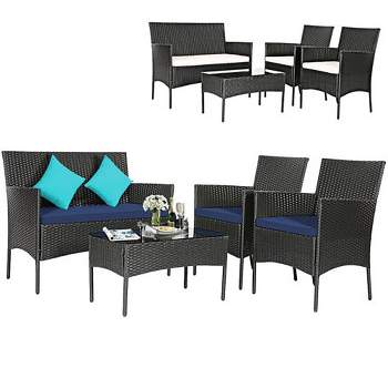 Tangkula 4PCS Outdoor Furniture Set Patio Rattan Conversation Set w/ Navy & Off White Cushion