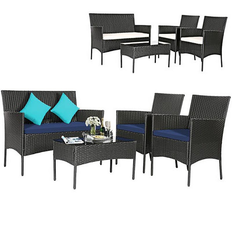 Tangkula 4PCS Outdoor Furniture Set Patio Rattan Conversation Set w/ Navy & Off White Cushion, 1 of 6