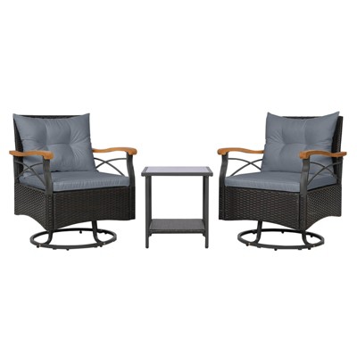 Costway 3 PCS Outdoor Swivel Chair Set with 2-Tier Tempered Glass Side Table Cushions Gray/White