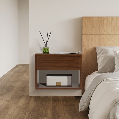 Infurnic Nightstands Double Wall Hanging Bedside Table With Drawer, Open Compartment, Elegant And Simple Design, Brown, 15.75''*11.8''*11.8''
