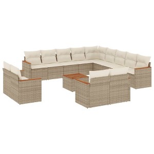 vidaXL Patio Sofa Set with Cushions Beige Poly Rattan - With Table - 1 of 4