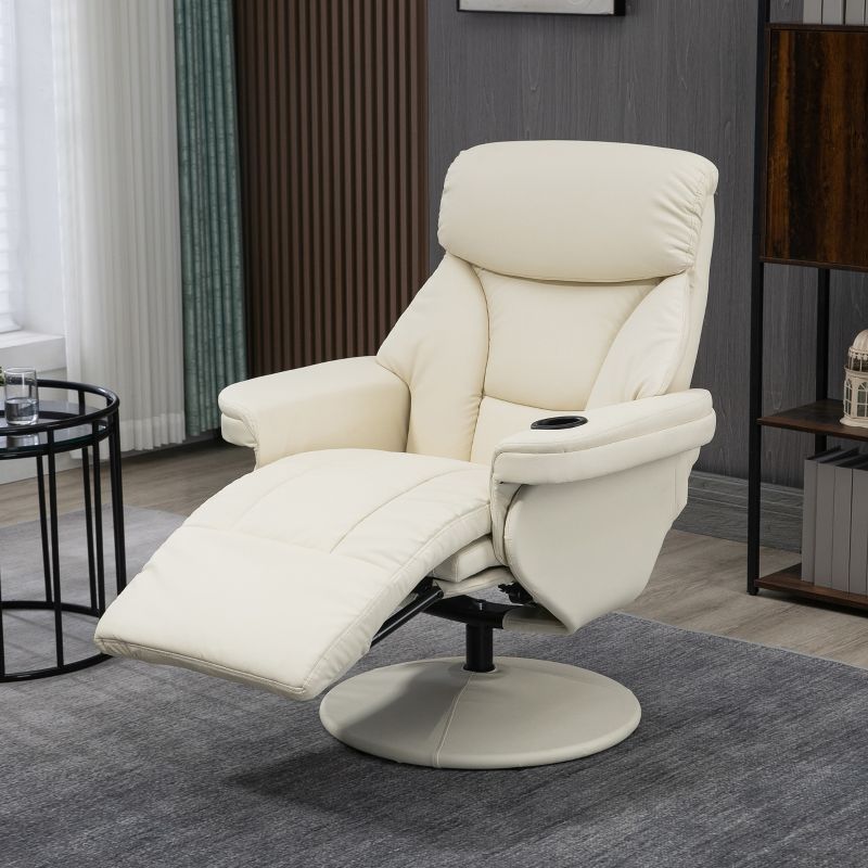 HOMCOM Manual Recliner, Swivel Lounge Armchair with Side Pocket, Footrest and Cup Holder for Living Room, Cream White, 2 of 7