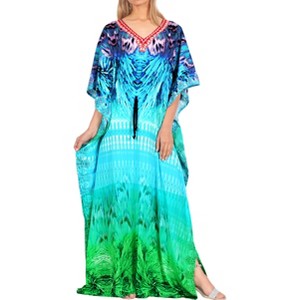 HAPPY BAY Women's Dailywear Long Slit Dress Caftan One Size Bright Turquoise Grass - 1 of 4