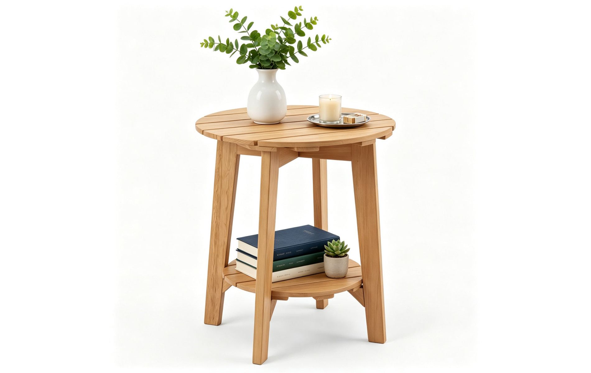 AEELLEEA 2-Tier Eucalyptus Wood Patio Side Table, Rustic Slatted Round Outdoor End Table with Storage Shelf for Garden, Balcony & Indoor