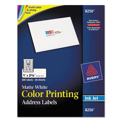 Avery Color Printing Mailing Labels 1 x 2 5/8 Matte White 600/Pack 8250