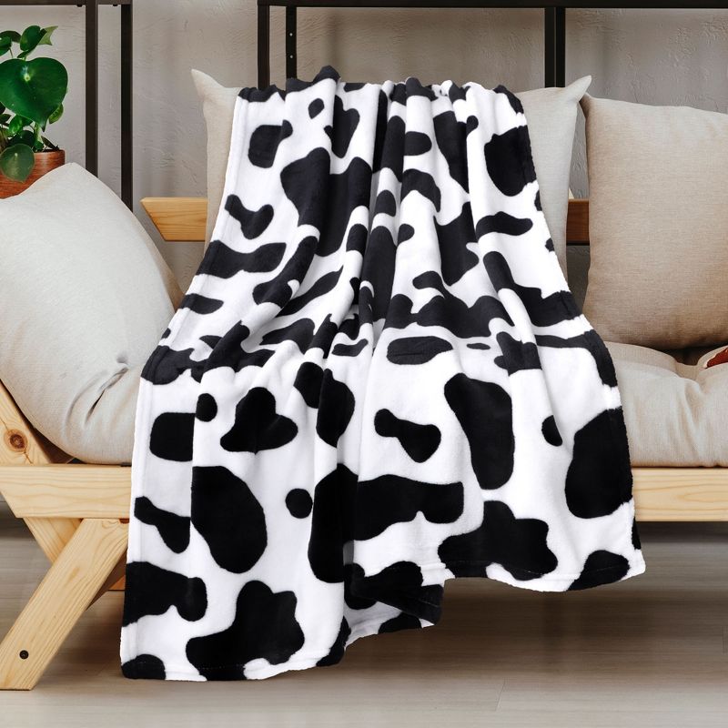 PiccoCasa 300GSM Cow Printed Fleece Flannel Throw Blanket Black and White 1 Pc, 2 of 5