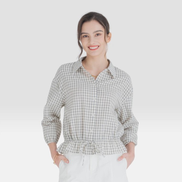 Camisa de Manga Larga Bombacho con Cuello y Cintura con Cordón para Mujer - Universal Thread™