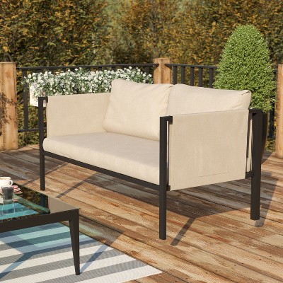 Sophisticated Steel Frame Outdoor Loveseat with Light Gray Cushions and Storage