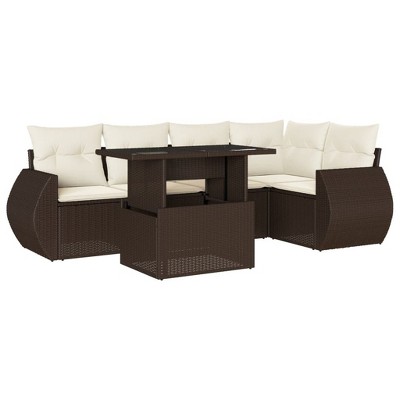 vidaXL 6 Piece Patio Sofa Set with Cushions Brown and Cream Poly Rattan - Without Storage