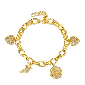 Guili Charming 14K Yellow Gold Plated Adjustable Bracelet with Cubic Zirconia Tusk, Elephant & Heart Dangle Charms – Elegant Jewelry for Any Occasion - 1 of 3