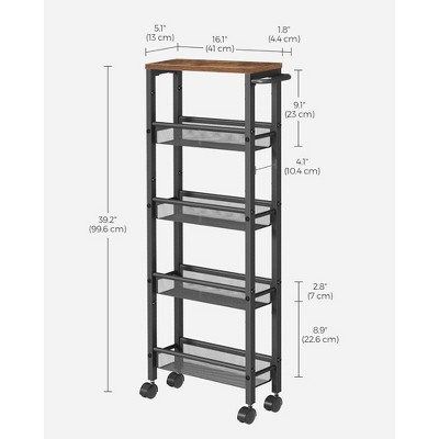 Slim Rustic Brown and Black Metal 5-Tier Rolling Kitchen Cart