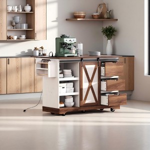 Merax Farmhouse Kitchen Island with Drop Leaf, Barn Door Storage, Rolling Cart with Spice & Towel Racks, Power Outlet, and Adjustable Shelves - 1 of 4