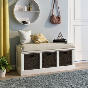 NicBex Shoe Rack Bench Shoe Storage Organizer Rustic Storage Bench with 3 Removable Rattan Basket for Entryway Bedroom, Blue - 1 of 4