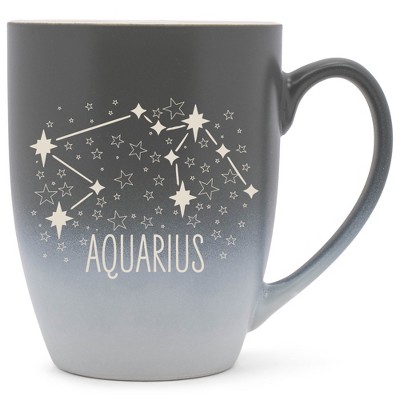 100 North Zodiac Design 10 Ounce Gray and White Two Toned Ombre, Comfortably Fits Your Hands, Ceramic Tea Coffee Cup Mug, Aquarius