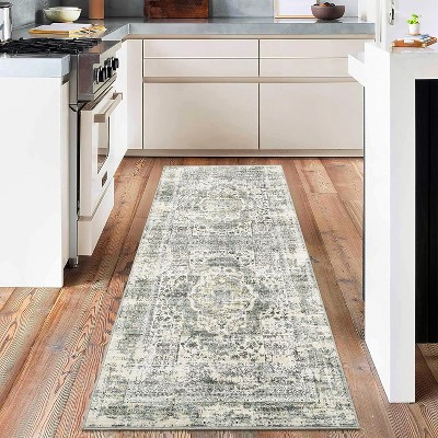 Machine Washable Boho Rug Oriental Medallion Stain-Resistant Non-Shed Soft Vintage Floral Indoor Low Pile Dining Room
