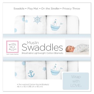 SwaddleDesigns Cotton Muslin Swaddle Blankets - Ships Ahoy - 4pk - Pastel Blue