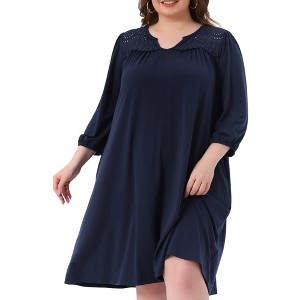 Agnes Orinda Women's Plus Size Eyelet Hollow Out Pleat Notched Neck 3/4 Sleeve Casual Midi Dress with Pockets - 1 of 4