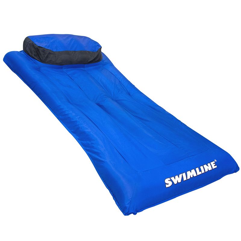 Swimline 9057 Oversized Fabric Covered 1 Person Swimming Pool Air Mattress Inflatable Floating Lounge Raft with Built-In Pillow, Blue, 1 of 7